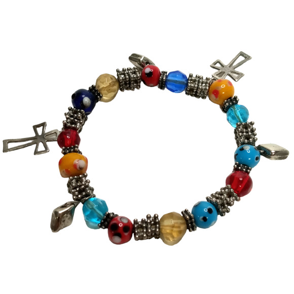 🌈 Multicolor Lampwork Bracelet w/ Cross Charms | Boho VTG Stretch - Picture 2 of 12